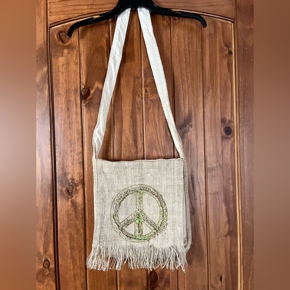 Kathmandu Imports Handbags - Boho bag. Long straps. Material: Hemp Peace sign.